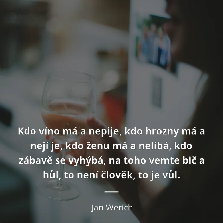 Citát Jana Wericha o vínu s poharem v ruce na pozadí fotek
