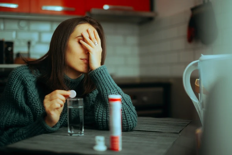 Žena sedí u stolu s tabletou ve sklenici vody.