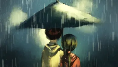 Two people under umbrella in rain