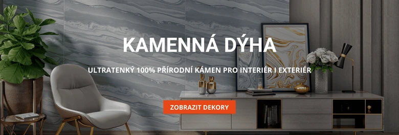 Moderní interiér s kamennou dýhou na zdi za nábytkem.