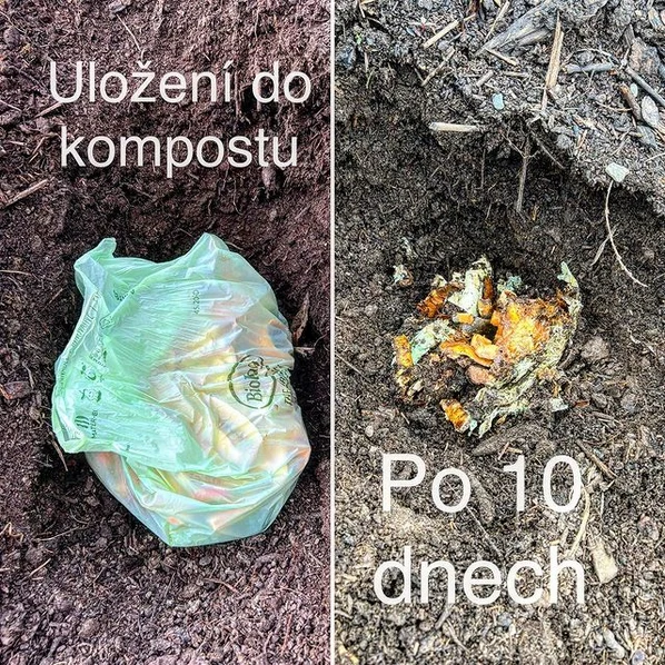 Zelená plastová svařovaná v pytli na bioodpad po deseti dnech ve kompostu.