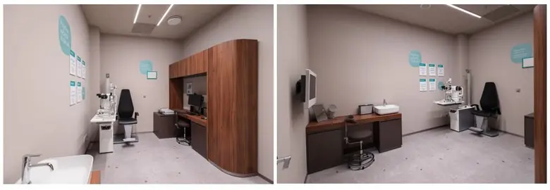Moderní interiér ordinace oftalmologa s vybavením pro vyšetření zraku.